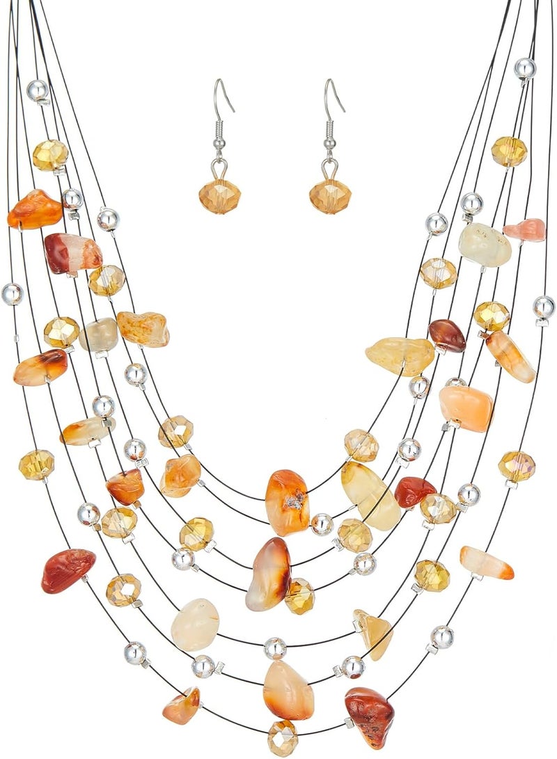 Errally Store Multi-Layer Boho Shell Beaded Necklace for Women Colorful Crystal Strand with Silver Beads Statement Collars Necklace and Earrings Costumes Jewelry Sets for Women - Image 1